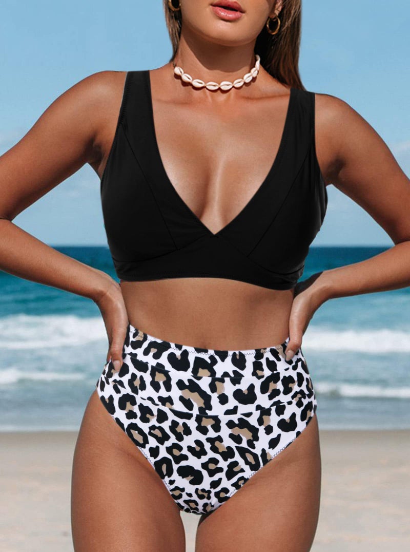 Hilinker Women's Leopard Bikini Swimsuits V Neck High Waisted 2 Piece Bathing Suits (as1, Alpha, m, Regular, Regular, BlackLeopard) - Image 2