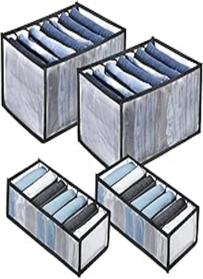 SelfTek - SelfTek Pack of 4 Wardrobe Organisers, Includes 2 Large Denim Compartment Storage Box and 2 Bra Organisers, Mesh Clothes Storage for Underwear, Socks and Jeans (Black Edge) - Image 1
