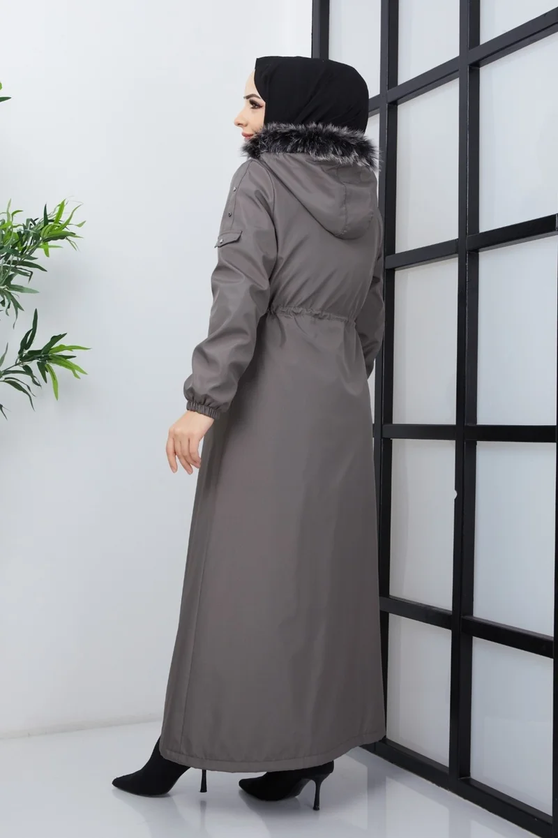 KMK Kombin KMK Combined Patterned Waist Belted Under Lining Fiber Hat Furry Long Coat & Jacket