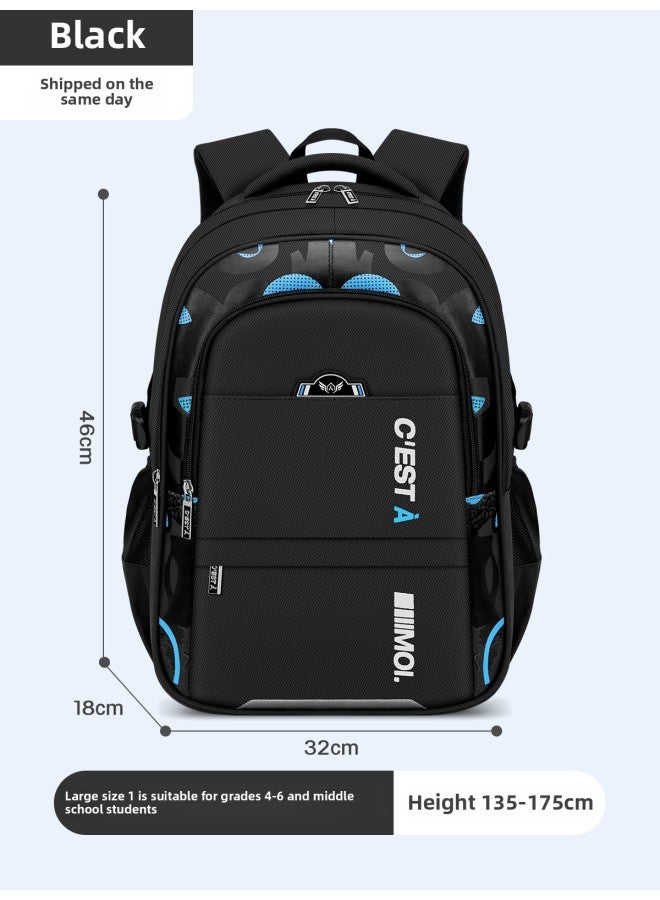 Leather Backpack For Primary School Students Embroidered School Logo Name Tag-Color:Large Black (suitable For Grade 4-6 And Middle School Students)-Size:Single Schoolbag - Image 1