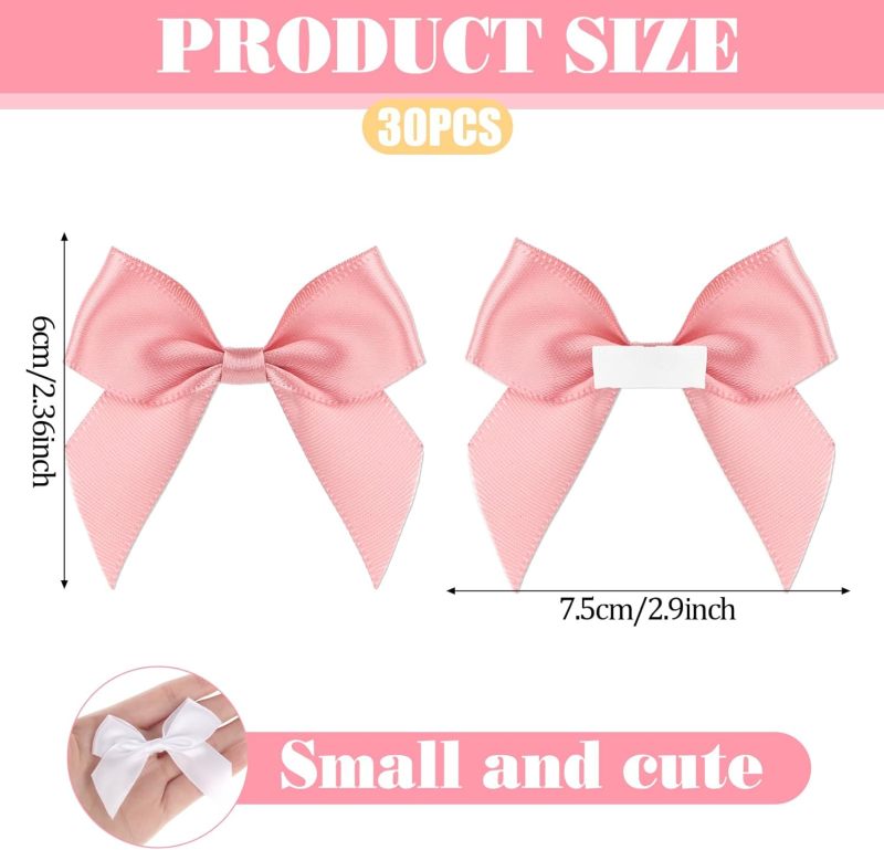 Pre-Tied Self-Adhesive Satin Ribbon Bow: 2-Inch Pink Polyester Satin Finish - 30-Piece Pack for Gift Wrapping, Wedding Favors, Party Decorations, Craft Projects - Image 2