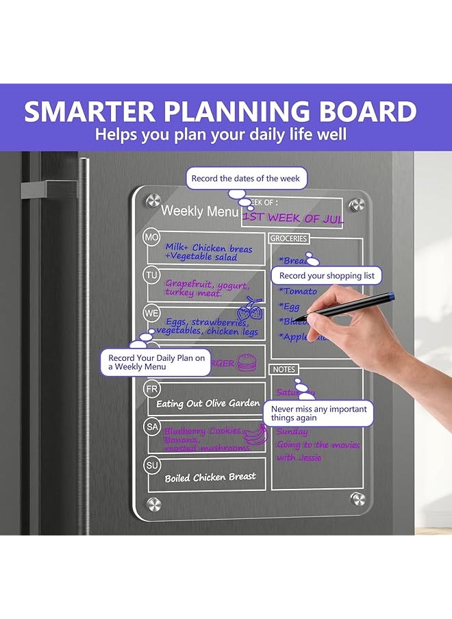 erorex - Acrylic Magnetic Dry Erase Board Weekly Calendar For Fridge 16 Inch X12 Inch Clear Weekly Meal Planner Magnetic Board Reusable Planning Whiteboard Workout Board Meal Planner Magnetic Includes 6 Markers - Image 1