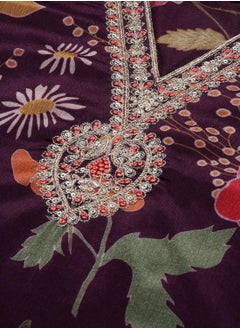 ISHIN Purple Kurta Set Straight Fit 3/4 Sleeve Sleeve made from TOP:- Poly chinon digital, Bottom:- Heavy Chanderi featuring Self Design design and Round Neck neckline - Perfect for Ethinic!  - Image 2