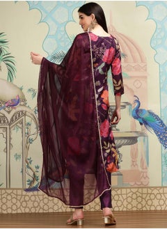 ISHIN Purple Kurta Set Straight Fit 3/4 Sleeve Sleeve made from TOP:- Poly chinon digital, Bottom:- Heavy Chanderi featuring Self Design design and Round Neck neckline - Perfect for Ethinic!  - Image 5