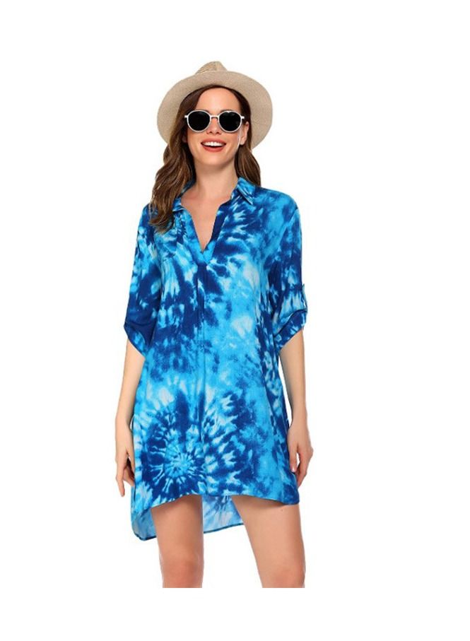 Women's Swimsuit Beach Cover Up Shirt Bikini Beachwear Bathing Suit Beach Dress Sea Blue