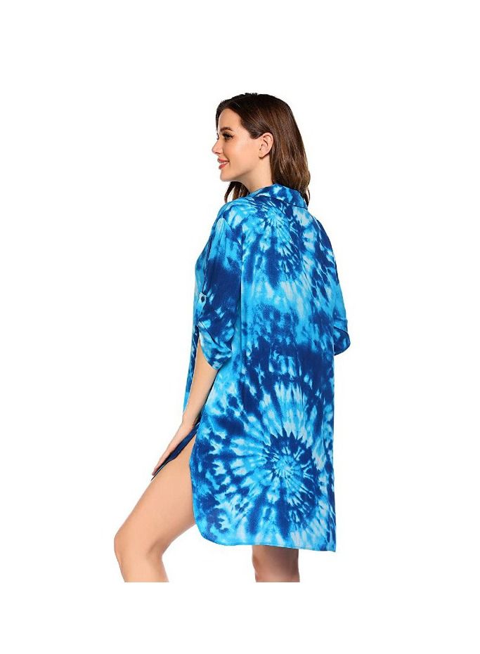 Women's Swimsuit Beach Cover Up Shirt Bikini Beachwear Bathing Suit Beach Dress Sea Blue