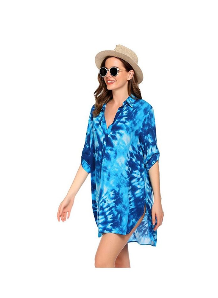 Women's Swimsuit Beach Cover Up Shirt Bikini Beachwear Bathing Suit Beach Dress Sea Blue