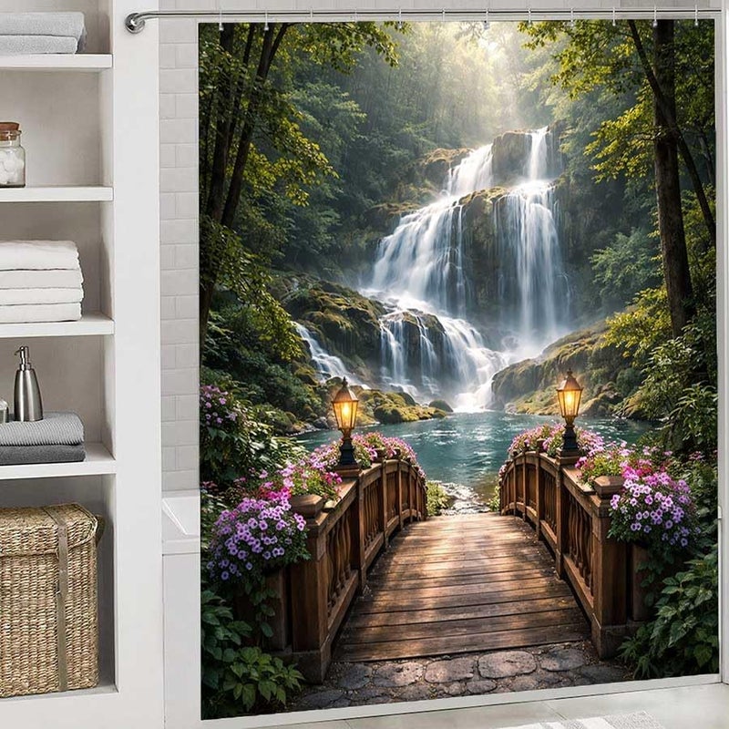 Wooden Bridge Leads to a Forest waterfallShower Curtain for Bathroom Waterproof Tan Shower Curtain with Hooks 71 inch x 71 inch - Image 2