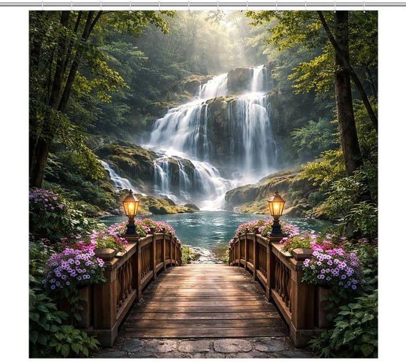 Wooden Bridge Leads to a Forest waterfallShower Curtain for Bathroom Waterproof Tan Shower Curtain with Hooks 71 inch x 71 inch - Image 1