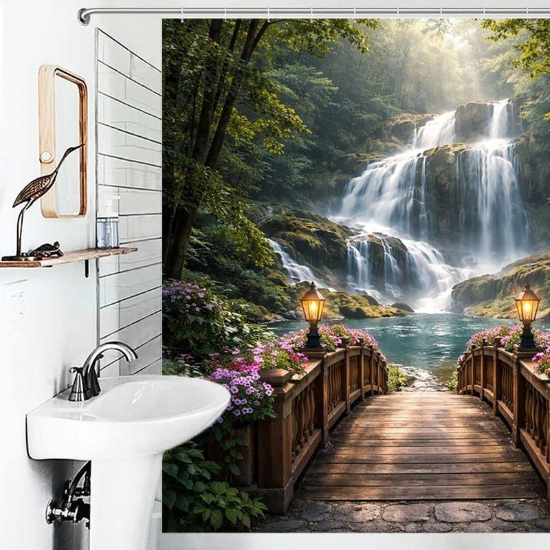 Wooden Bridge Leads to a Forest waterfallShower Curtain for Bathroom Waterproof Tan Shower Curtain with Hooks 71 inch x 71 inch - Image 4