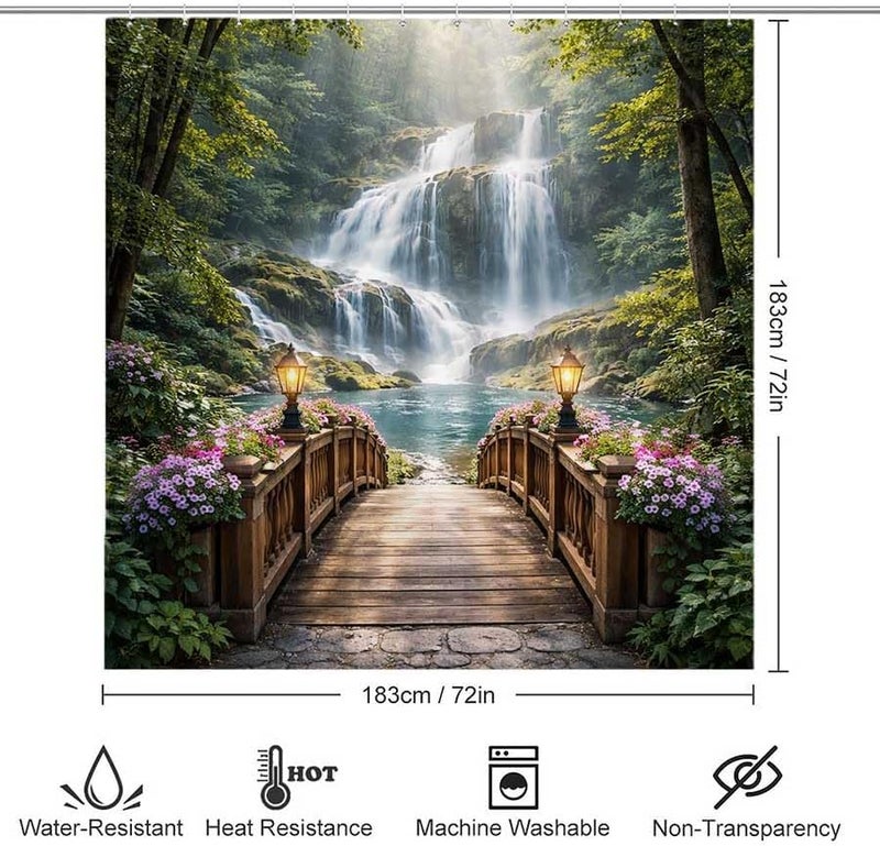 Wooden Bridge Leads to a Forest waterfallShower Curtain for Bathroom Waterproof Tan Shower Curtain with Hooks 71 inch x 71 inch - Image 3