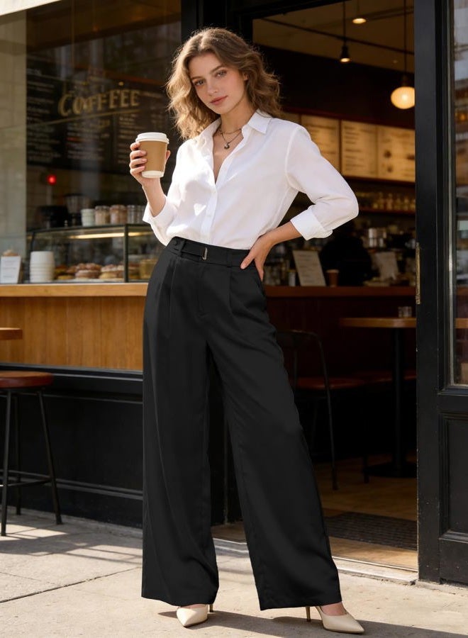 Betusline Women's Wide Leg Satin Dress Pants Long Straight Casual Flowy Silky Trousers, 7# Black Silk, Medium - Image 3