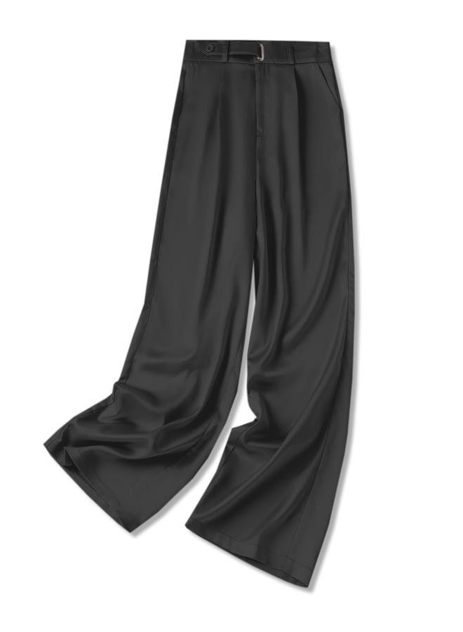Betusline Women's Wide Leg Satin Dress Pants Long Straight Casual Flowy Silky Trousers, 7# Black Silk, Medium - Image 1