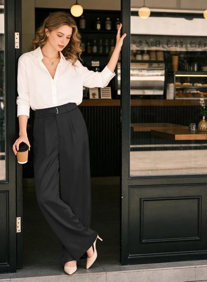 Betusline Women's Wide Leg Satin Dress Pants Long Straight Casual Flowy Silky Trousers, 7# Black Silk, Medium - Image 4