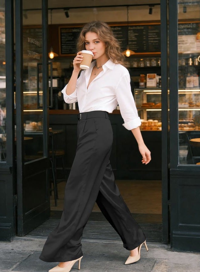 Betusline Women's Wide Leg Satin Dress Pants Long Straight Casual Flowy Silky Trousers, 7# Black Silk, Medium - Image 5