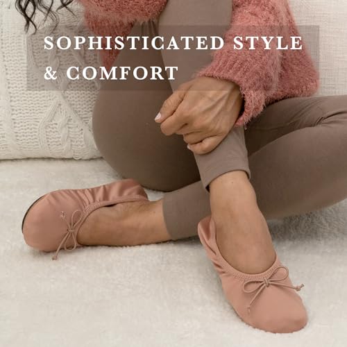 isotoner Women's Classic Stretch Satin Ballerina Slippers with Bow Tie and Leather Sole, Cream, 8-9 - Image 3