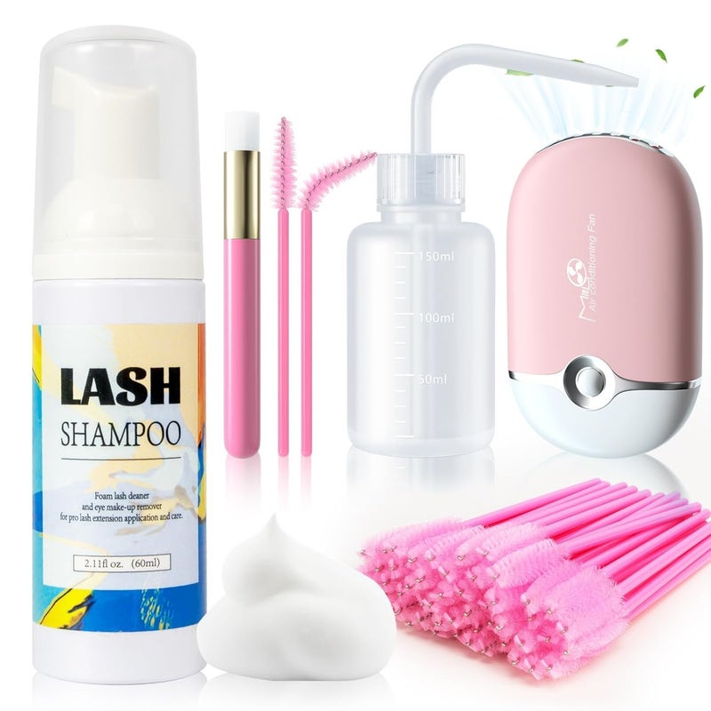 Buqikma Buqikma Lash Shampoo for Lash Extensions - 60ML Lash Extension Cleanser with Lash Fan Cleaning Brush Rinse Bottle and 50 Pcs Mascara Brush, Rich Foam Lash Wash for Eyelash Extension Home Use(Pink) 