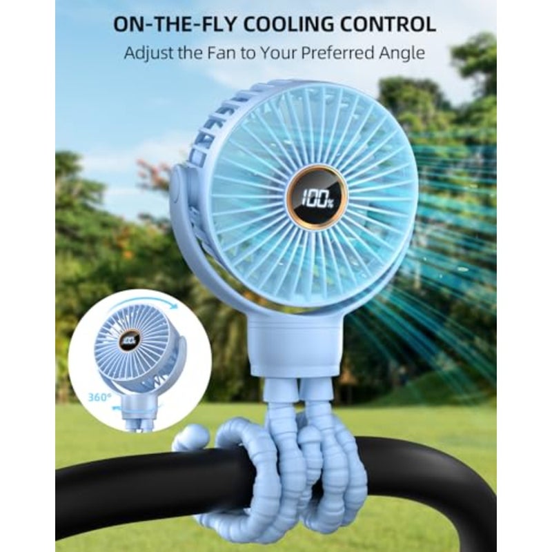 Portable Stroller Mini Fan, Small Rechargeable Personal Fan, Travel Essentials for Baby, Wagon, Car Seat, Treadmill, Battery Powered Biking Gear Accessories, 360° Rotation, 3-Speed, Display - Image 2