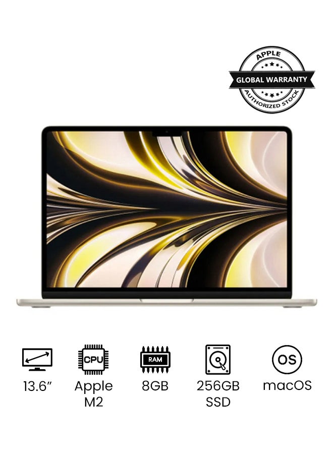MacBook Air MLY13 | 13.6 Inch Display | Apple M2 Chip | 8-Core CPU and 8-Core GPU | 8GB RAM | 256GB SSD | macOS | English Keyboard | International Version | Starlight