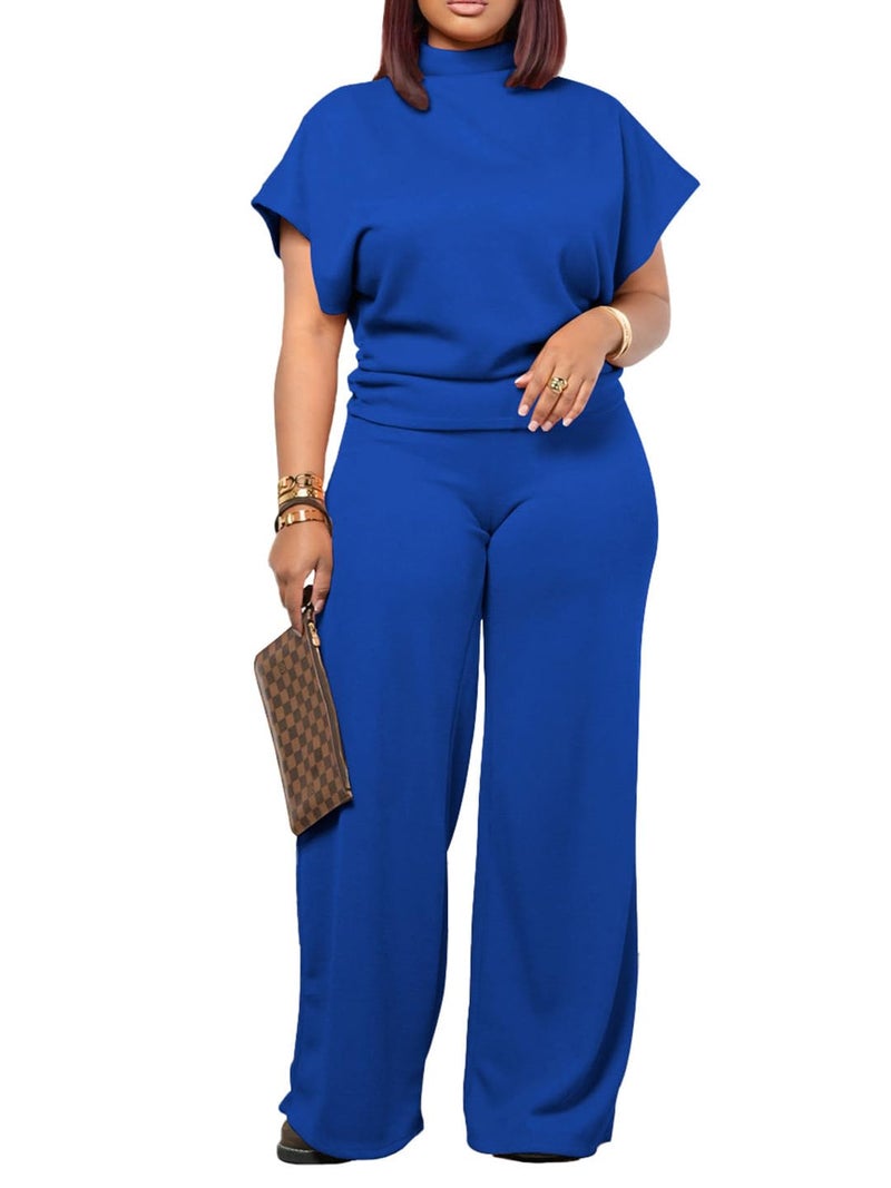 PINSV Lounge Sets For Women Casual 2 Piece Outfits Baggy Short Sleeve Top And Flare Pants Tracksuits Upgrade Royal Blue L - Image 2