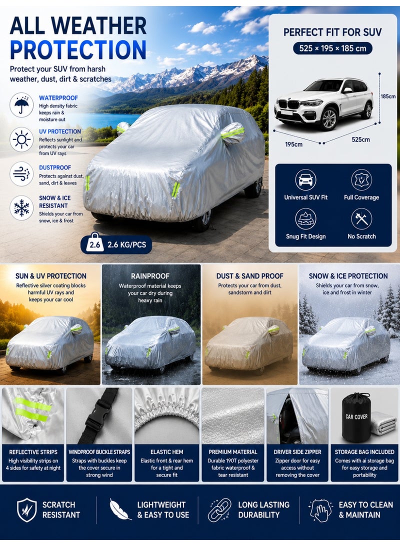 Eworld Premium SUV Car Cover Waterproof 3-Layer Protection - UV & Heat Resistant, Dust & Scratch Proof Full Car Cover for SUVs with Straps & Storage Bag - Image 2