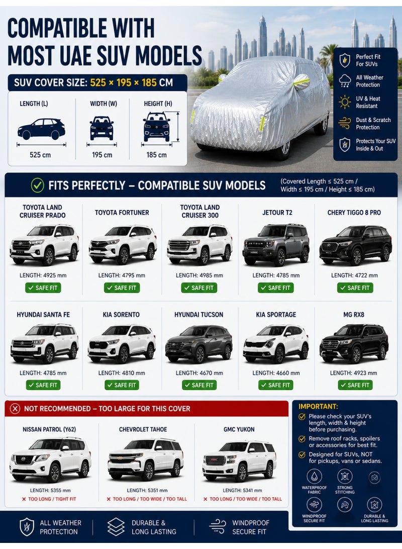 Eworld Premium SUV Car Cover Waterproof 3-Layer Protection - UV & Heat Resistant, Dust & Scratch Proof Full Car Cover for SUVs with Straps & Storage Bag - Image 5