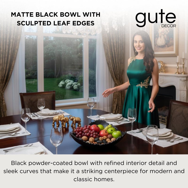 Gute 12 Inch Premium Decorative Antique Black Matte Hammered Torn Metal Centerpiece Bowl, Sculpted Leaf Edges Coated Allure Aluminum Platter Modern Table Accent, Home Kitchen Dining Room Textured Display - Image 2