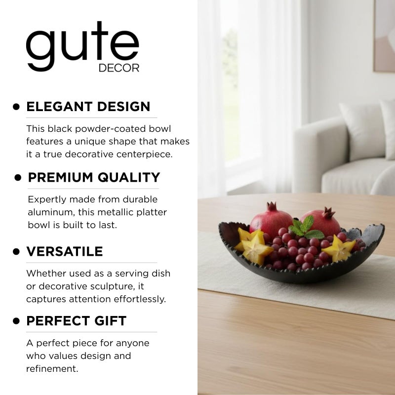 Gute 12 Inch Premium Decorative Antique Black Matte Hammered Torn Metal Centerpiece Bowl, Sculpted Leaf Edges Coated Allure Aluminum Platter Modern Table Accent, Home Kitchen Dining Room Textured Display - Image 4