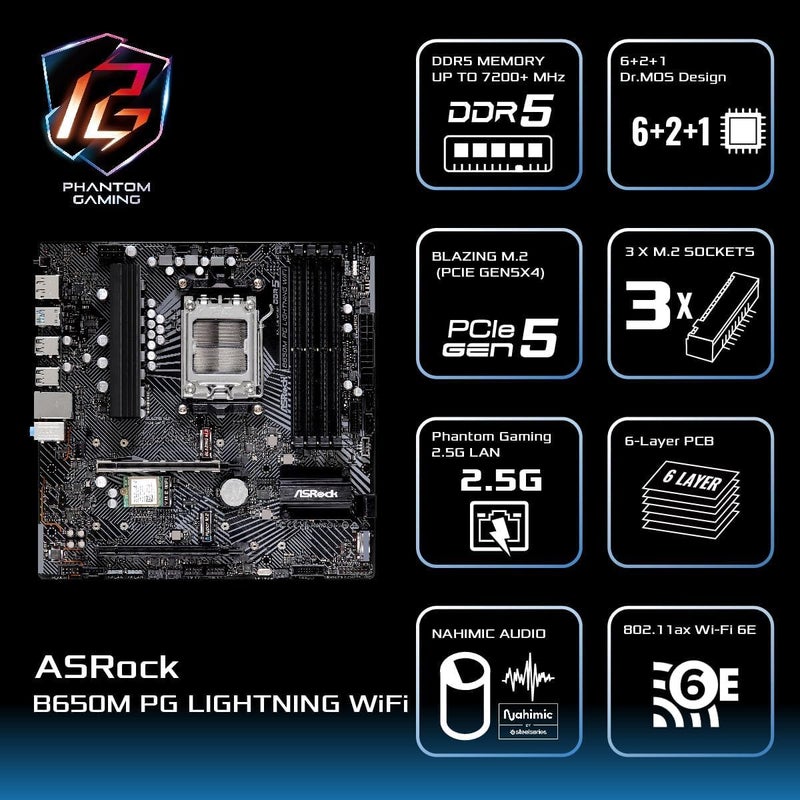 ASRock B650M PG Lightning WiFi 6E AMD Ryzen 9000/8000/7000 Series Socket AM5 B650 DDR5 up to 7200+ (OC) MHz 256 GB SATA3 6.0 Gb/s Micro ATX Motherboard M.2 RGB LED BIOS Flashback - Image 5