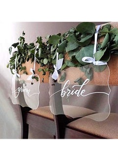 UNIQOOO UNIQOOO 4 Set Custom DIY Clear Blank Acrylic Hanging Sign | 8x12 in Elegant Wedding Chair Signs w/White Satin Ribbon For Bride & Groom | Perfect for Calligraphy Lovers Home Retail Store Party  - Image 3