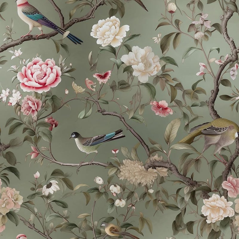 REDAMANCY Vintage Tea GreenPinkWhite Floral Plants Birds Butterfly Peel and Stick Wallpaper Stick on Contact Paper Vintage Wall Paper Easy Peel Off for nightstand Drawer Cabinet Renter