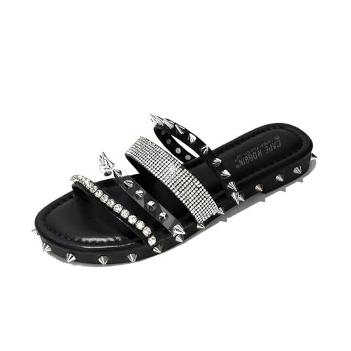 Cape Robbin Women's Slide Sandals Spiked Flat Slides, Summer 2025 Comfortable Slip-On Beach Shoes with PU Leather Sole (Xtreme) - Black Size 10 - Image 1