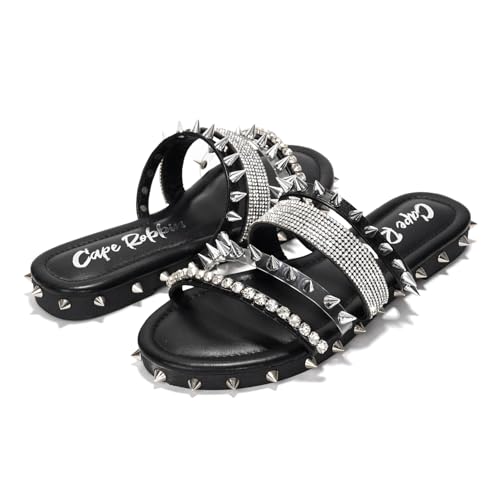 Cape Robbin Women's Slide Sandals Spiked Flat Slides, Summer 2025 Comfortable Slip-On Beach Shoes with PU Leather Sole (Xtreme) - Black Size 10 - Image 5
