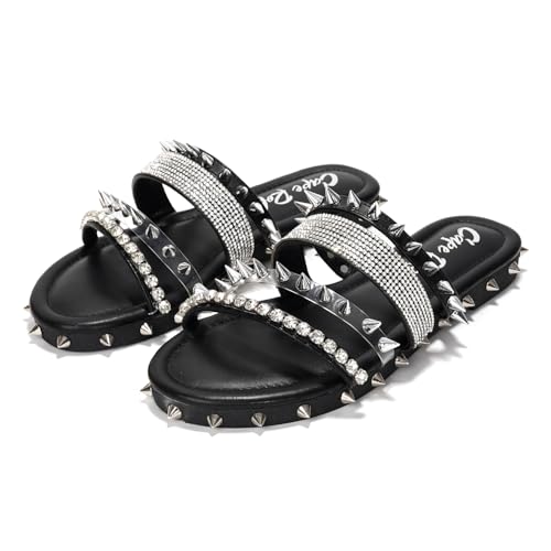 Cape Robbin Women's Slide Sandals Spiked Flat Slides, Summer 2025 Comfortable Slip-On Beach Shoes with PU Leather Sole (Xtreme) - Black Size 10 - Image 4