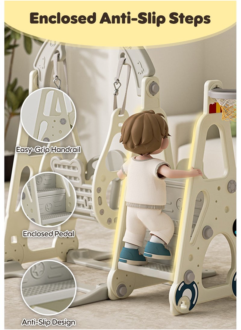 Pokuula - 4 in 1 Toddler Swing and Slide Set for Children Baby Swing Set with Slide, Basketball Hoop and Long Slide - Image 1