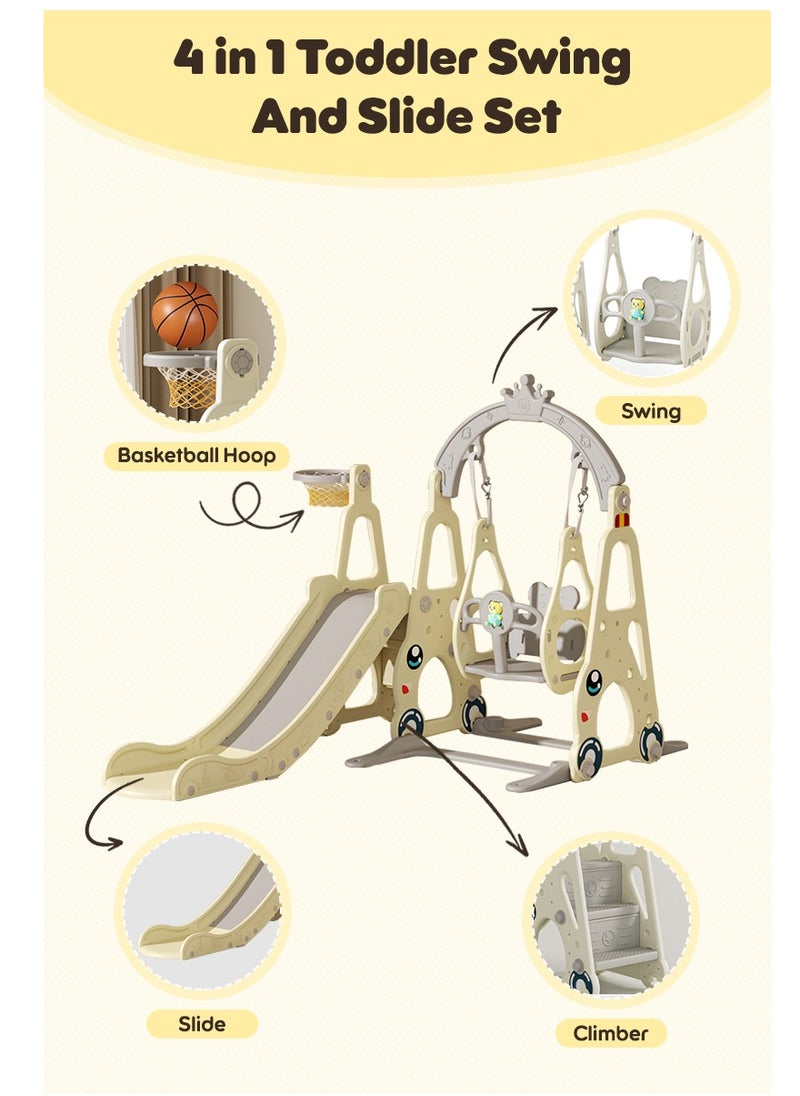 Pokuula - 4 in 1 Toddler Swing and Slide Set for Children Baby Swing Set with Slide, Basketball Hoop and Long Slide - Image 1