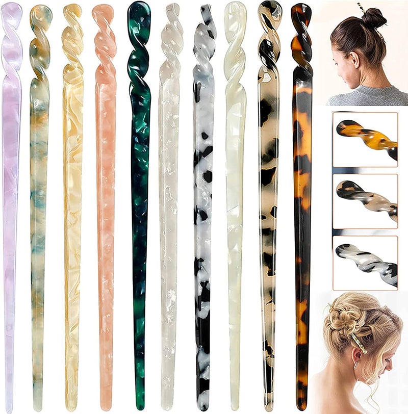 10PCS Acetate Hair Sticks Tortoise Shell Hairpin Chopsticks Leopard Print Vintage Hair Pins Retro Hairpins Disk DIY Hair Clip Fork Hair Styling Accessories for Women Girls