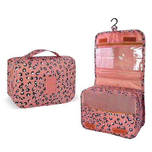 Lcsmaokin Large Capacity Toiletry Bag Travel Bag with Hanging Hook for Men and Women Waterproof Travel Cosmetic Bag Bathroom Storage Bag for Brushes Set,Full-Sized Shampoo,Accessories-Pink Leopard - Image 2