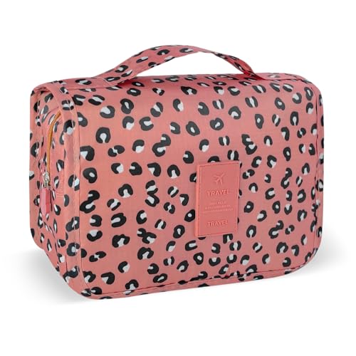 Lcsmaokin Large Capacity Toiletry Bag Travel Bag with Hanging Hook for Men and Women Waterproof Travel Cosmetic Bag Bathroom Storage Bag for Brushes Set,Full-Sized Shampoo,Accessories-Pink Leopard - Image 1