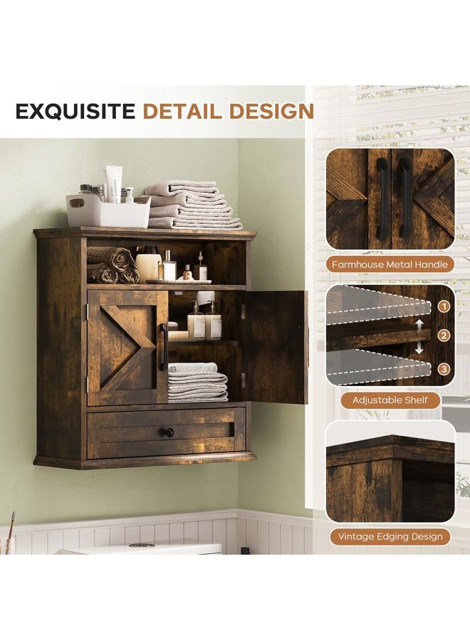 Viroformo Bathroom Wall Cabinet, Wall Mounted Medicine Cabinet with Drawer, Barn Door & Adjustable Shelf, 24.4"H x 23.6"W x 9"D Rustic Brown Over Toilet Farmhouse Storage Cabinet for Kitchen, Laundry, Entryway - Image 4