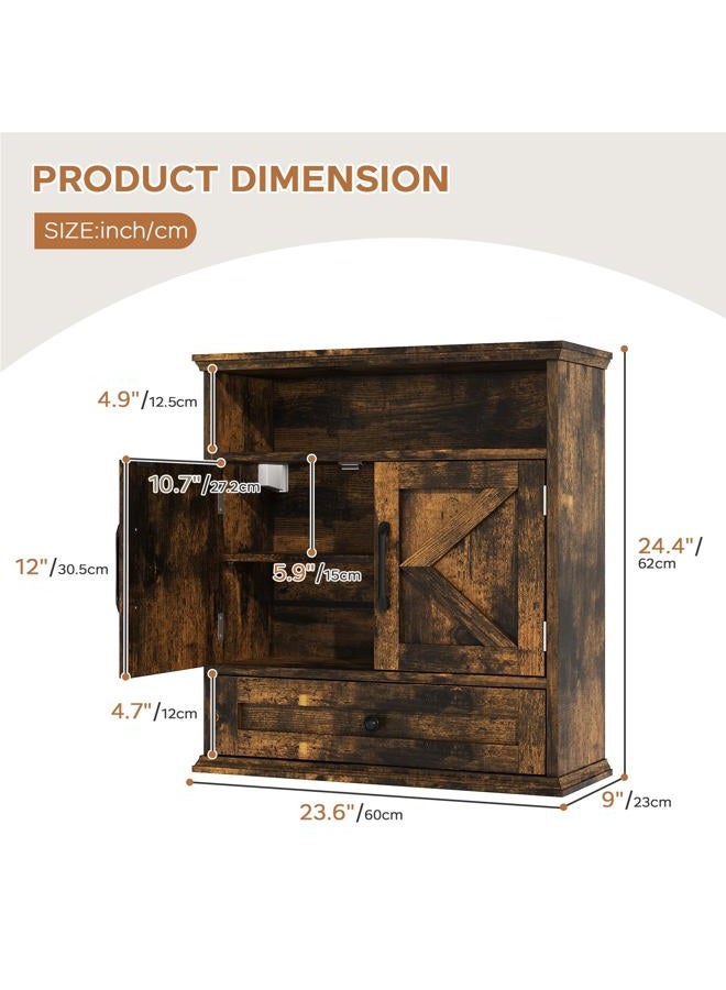 Viroformo Bathroom Wall Cabinet, Wall Mounted Medicine Cabinet with Drawer, Barn Door & Adjustable Shelf, 24.4"H x 23.6"W x 9"D Rustic Brown Over Toilet Farmhouse Storage Cabinet for Kitchen, Laundry, Entryway - Image 2