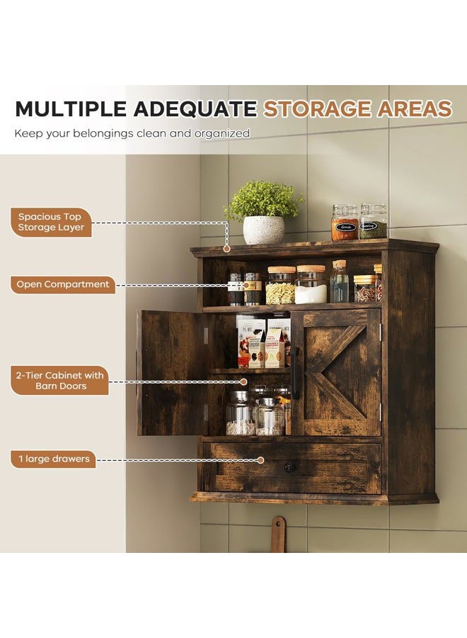 Viroformo Bathroom Wall Cabinet, Wall Mounted Medicine Cabinet with Drawer, Barn Door & Adjustable Shelf, 24.4"H x 23.6"W x 9"D Rustic Brown Over Toilet Farmhouse Storage Cabinet for Kitchen, Laundry, Entryway - Image 3