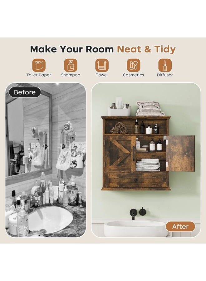 Viroformo Bathroom Wall Cabinet, Wall Mounted Medicine Cabinet with Drawer, Barn Door & Adjustable Shelf, 24.4"H x 23.6"W x 9"D Rustic Brown Over Toilet Farmhouse Storage Cabinet for Kitchen, Laundry, Entryway - Image 5