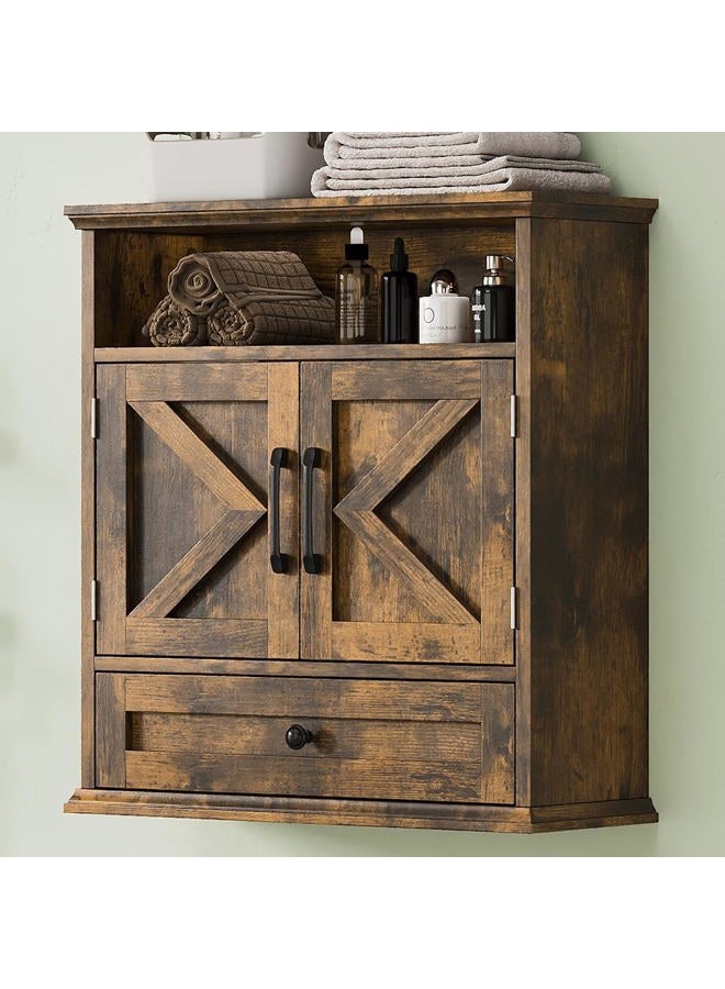 Viroformo Bathroom Wall Cabinet, Wall Mounted Medicine Cabinet with Drawer, Barn Door & Adjustable Shelf, 24.4"H x 23.6"W x 9"D Rustic Brown Over Toilet Farmhouse Storage Cabinet for Kitchen, Laundry, Entryway - Image 1