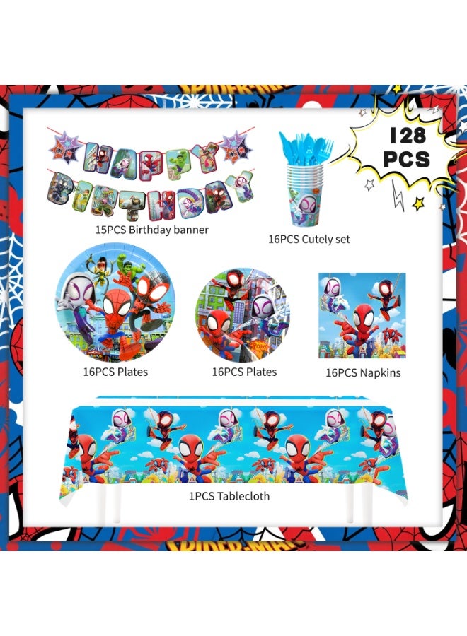إيلوفهابرتي زينة حفلة عيد ميلاد سبايدرمان وأصدقاؤه لـ 16 ضيفًا، 128 قطعة مجموعة أدوات مائدة حفلة سبايدرمان تشمل مفرش طاولة ولافتة وأطباق ومناديل وأكواب لمستلزمات حفلة فريق الأبطال الخارقين - Image 2
