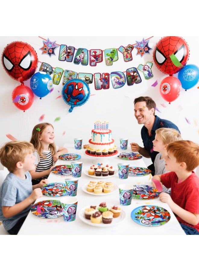 إيلوفهابرتي زينة حفلة عيد ميلاد سبايدرمان وأصدقاؤه لـ 16 ضيفًا، 128 قطعة مجموعة أدوات مائدة حفلة سبايدرمان تشمل مفرش طاولة ولافتة وأطباق ومناديل وأكواب لمستلزمات حفلة فريق الأبطال الخارقين - Image 4