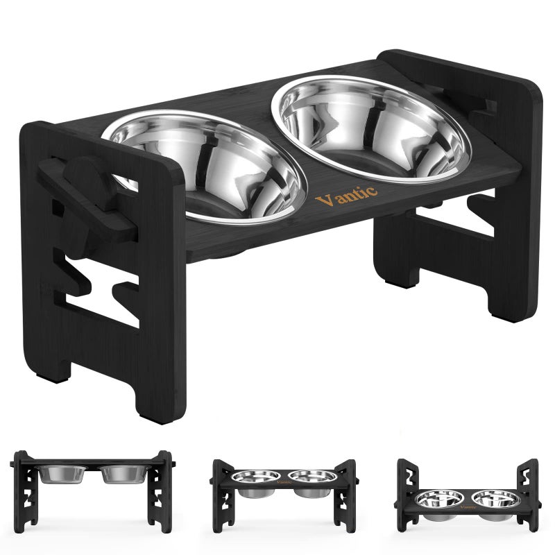 Vantic Elevated Dog Bowls, Adjustable Raised Dog Bowl Stand for Small Puppy and Cats, Sturdy Bamboo Pet Food Feeder with 2 Stainless Steel Dishes, Black - Image 1