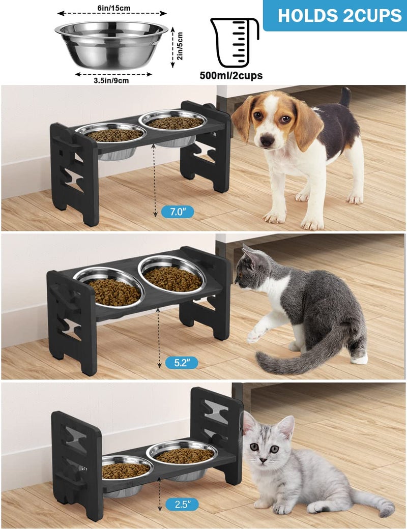 Vantic Elevated Dog Bowls, Adjustable Raised Dog Bowl Stand for Small Puppy and Cats, Sturdy Bamboo Pet Food Feeder with 2 Stainless Steel Dishes, Black - Image 2