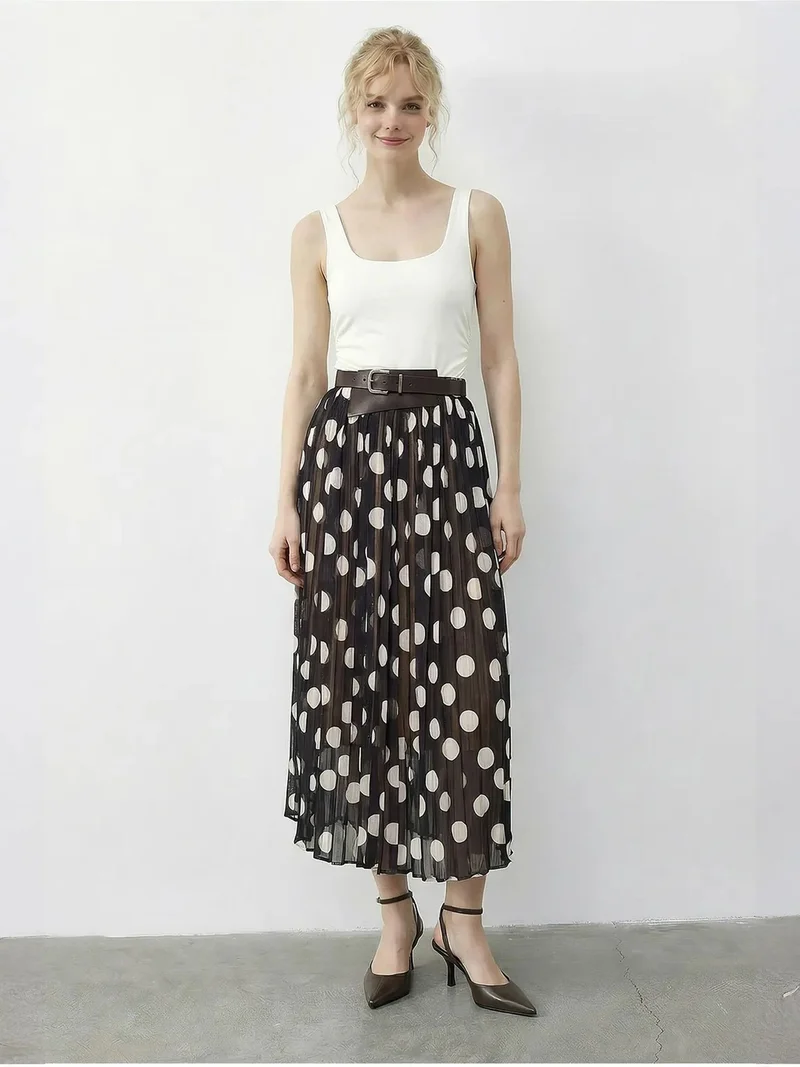 بيانكو لوتشي LUCCI High Waist Polka Dot Maxi Skirt with Belt