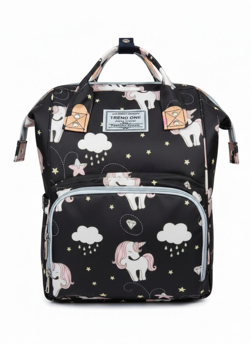 TREND ONE Unicorn Print Diaper Bag Backpack with Multi-Pockets and Large Capacity for Mom and Baby, Black